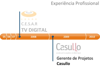 Experiência Profissional 05 06 07 2008 2009 C.E.S.A.R TV DIGITAL Gerente de Projetos Casullo 2010 