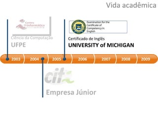 Vida acadêmica 2003 2004 2005 2006 2007 2008 2009 Ciência da Computação UFPE  Empresa Júnior Certificado de Inglês UNIVERSITY of MICHIGAN 