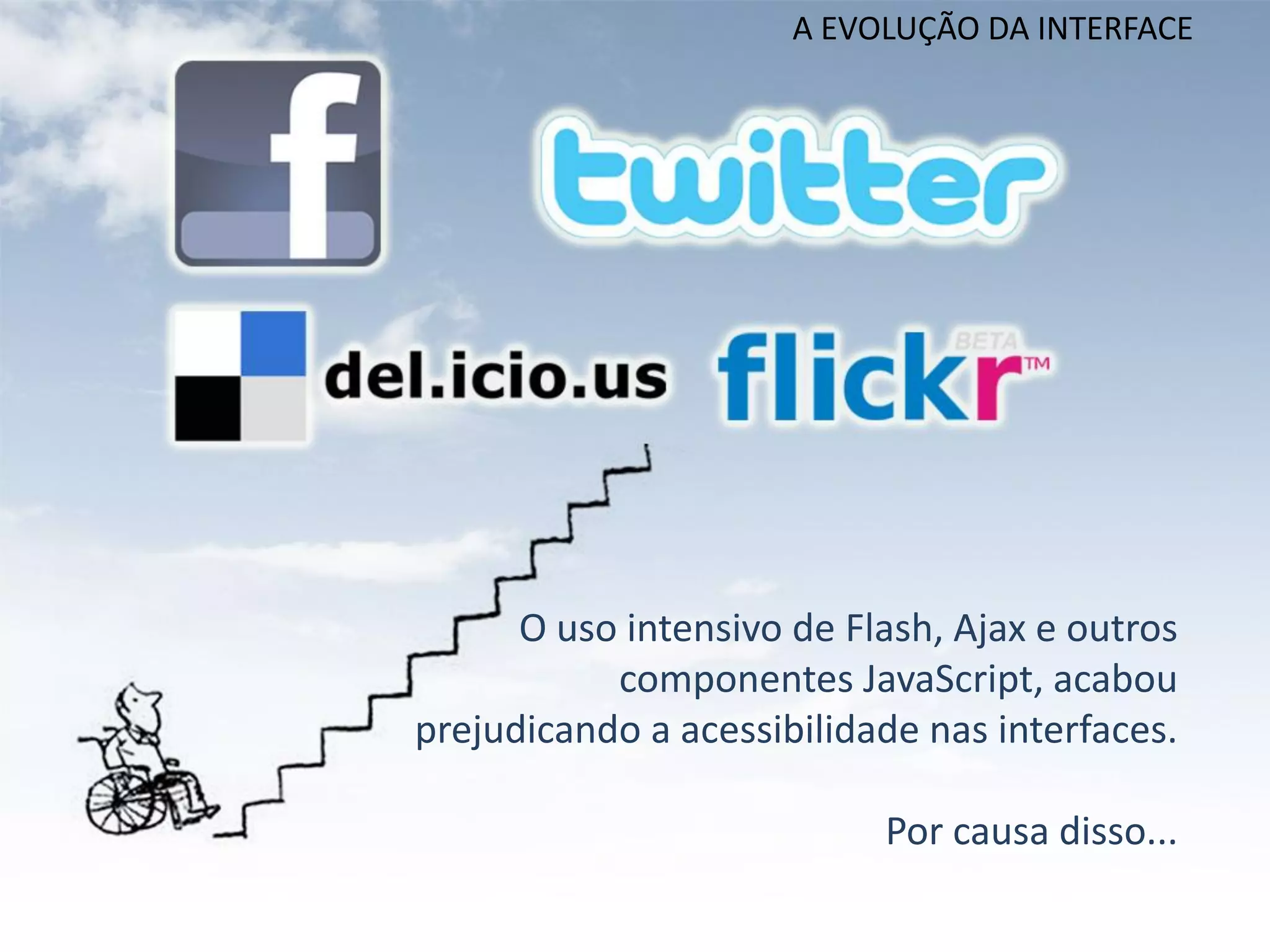 A EVOLUÇÃO DA INTERFACE




      O uso intensivo de Flash, Ajax e outros
           componentes JavaScript, acabou
prejudicando a acessibilidade nas interfaces.

                           Por causa disso...
 