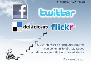 A EVOLUÇÃO DA INTERFACE




      O uso intensivo de Flash, Ajax e outros
           componentes JavaScript, acabou
prejudicando a acessibilidade nas interfaces.

                           Por causa disso...
 