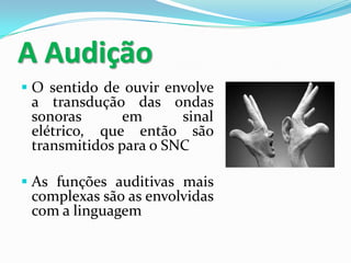 A Audição
 O sentido de ouvir envolve

a transdução das ondas
sonoras
em
sinal
elétrico, que então são
transmitidos para o SNC

 As funções auditivas mais

complexas são as envolvidas
com a linguagem

 