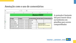 Anotação com o uso de comentários
A anotação é bastante
útil para inserir dicas
ou lembretes em
planilhas para serem
compartilhadas
 