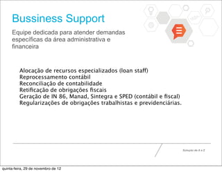 Bussiness Support
     Equipe dedicada para atender demandas
     específicas da área administrativa e
     financeira


          Alocação de recursos especializados (loan staff)
          Reprocessamento contábil
          Reconciliação de contabilidade
          Retiﬁcação de obrigações ﬁscais
          Geração de IN 86, Manad, Sintegra e SPED (contábil e ﬁscal)
          Regularizações de obrigações trabalhistas e previdenciárias.




                                                                         Solução de A a Z




quinta-feira, 29 de novembro de 12
 
