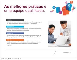 As melhores práticas e
     uma equipe qualificada.

         PESSOAS
         Profissionais renomados com décadas de experiência e passagem
         por grandes empresas, sempre atualizados e preparados.

         PROCESSOS
         Metodologia com rotinas específicas para garantir o cumprimento
         de todas as exigências legais e gerenciais.

         SERVIÇOS
         Um completo portfolio de serviços capaz de atender empresas de
         diversos portes, seja Industria, Comércio ou Prestador de Serviço.

         TECNOLOGIA
         Uso da tecnologia em favor do desenvolvimento dos negócios de
         nossos clientes, bem como garantias e agilidade para a sua
         empresa.




                                                                              Solução de A a Z




quinta-feira, 29 de novembro de 12
 