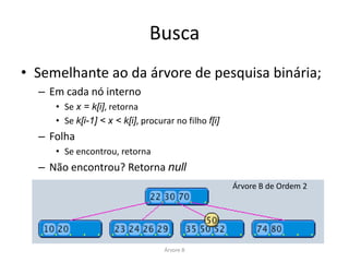 Inserção
• Encontrar a página ideal para inserir o registro
• Se número de registro da página < 2m
  – Processo de inserção limitado àquela página




                    Árvore B de Ordem 2
                         Árvore B
 