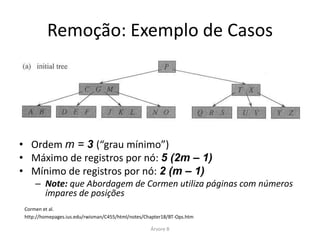 Remoção: Caso 1
 • A chave está em um nó folha que contém pelo menos m registros.




• Caso mais simples, eliminação de uma folha




                                 Árvore B
 