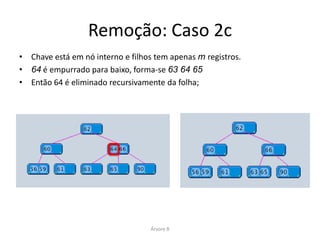 Remoção: Caso 3b
• Chave que contém D é folha;
• Mas a recursão não pode descer até D, pois o nó C L só tem dois registros;
    – Mínimo
• Logo, o nó C Lprecisa ser reorganizado.




                                    Árvore B
 