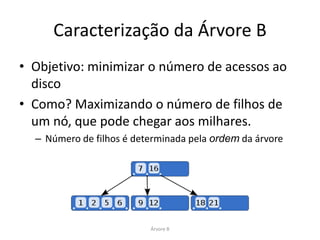 Caracterização da Árvore B
• Objetivo: minimizar o número de acessos ao
  disco
• Como? Maximizando o número de filhos de
  um nó, que pode chegar aos milhares.
  – Número de filhos é determinada pela ordem da árvore




                          Árvore B
 
