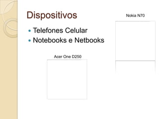 Dispositivos             Nokia N70



 Telefones Celular
 Notebooks e Netbooks

       Acer One D250
 