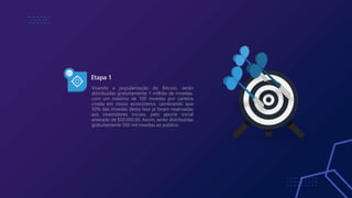 Etapa 1
01
Visando a popularização do Bitcoio, serão
distribuídas gratuitamente 1 milhão de moedas,
com um máximo de 100 moedas por carteira
criada em nosso ecossistema. Lembrando que
50% das moedas desta fase já foram reservadas
aos investidores iniciais, pelo aporte inicial
arrecado de $50.000,00. Assim, serão distribuídas
gratuitamente 500 mil moedas ao público.
 