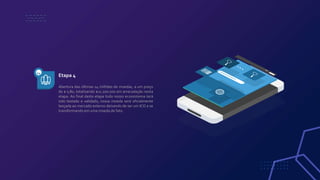 Abertura das últimas 14 milhões de moedas, a um preço
de $ 0,80, totalizando $11.200.000 em arrecadação nesta
etapa. Ao final desta etapa todo nosso ecossistema terá
sido testado e validado, nossa moeda será oficialmente
lançada ao mercado externo deixando de ser um ICO e se
transformando em uma moeda de fato.
Etapa 4
04
 