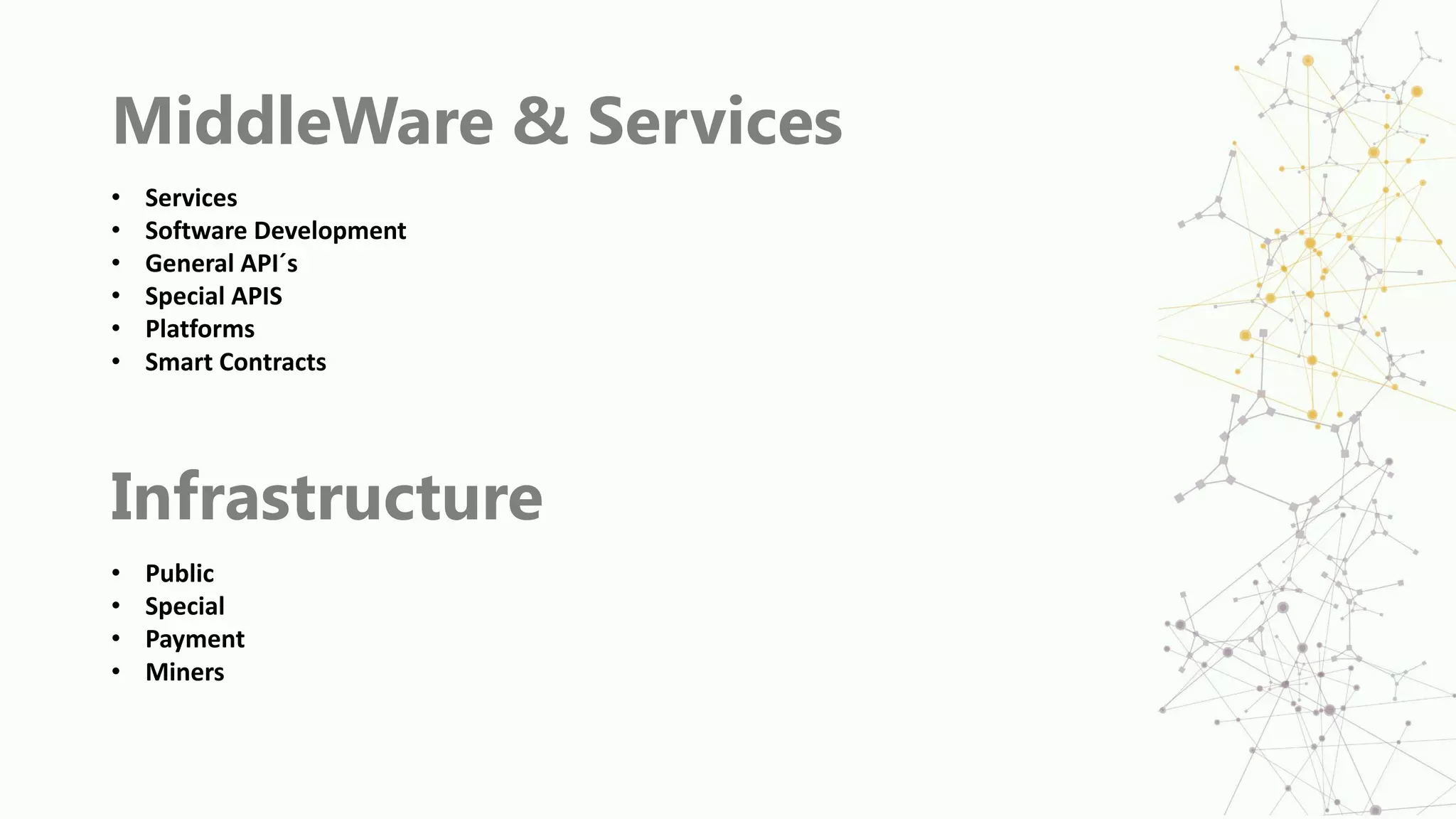 MiddleWare & Services
• Services
• Software Development
• General API´s
• Special APIS
• Platforms
• Smart Contracts
Infrastructure
• Public
• Special
• Payment
• Miners
 