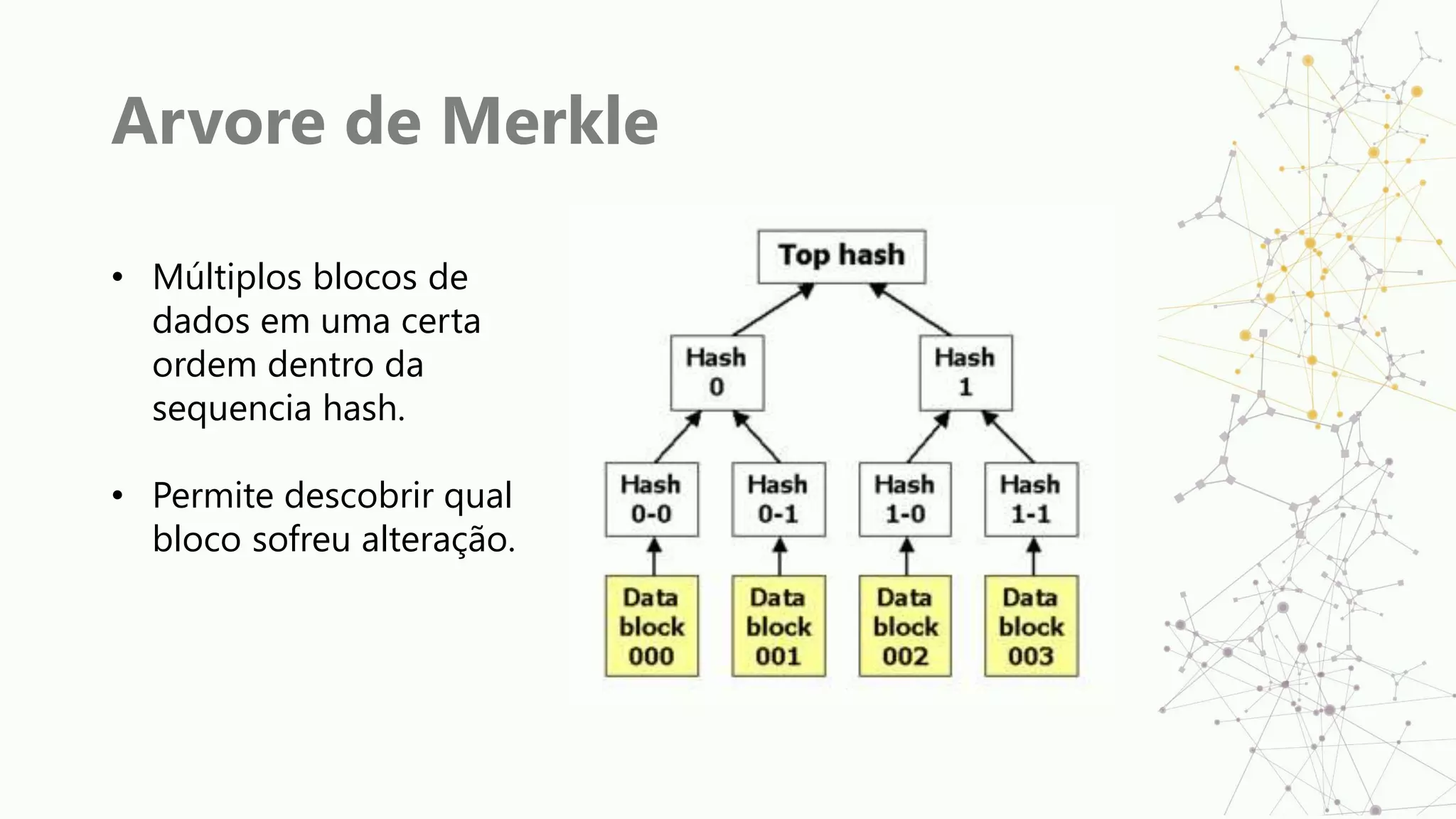 Arvore de Merkle
• Múltiplos blocos de
dados em uma certa
ordem dentro da
sequencia hash.
• Permite descobrir qual
bloco sofreu alteração.
 