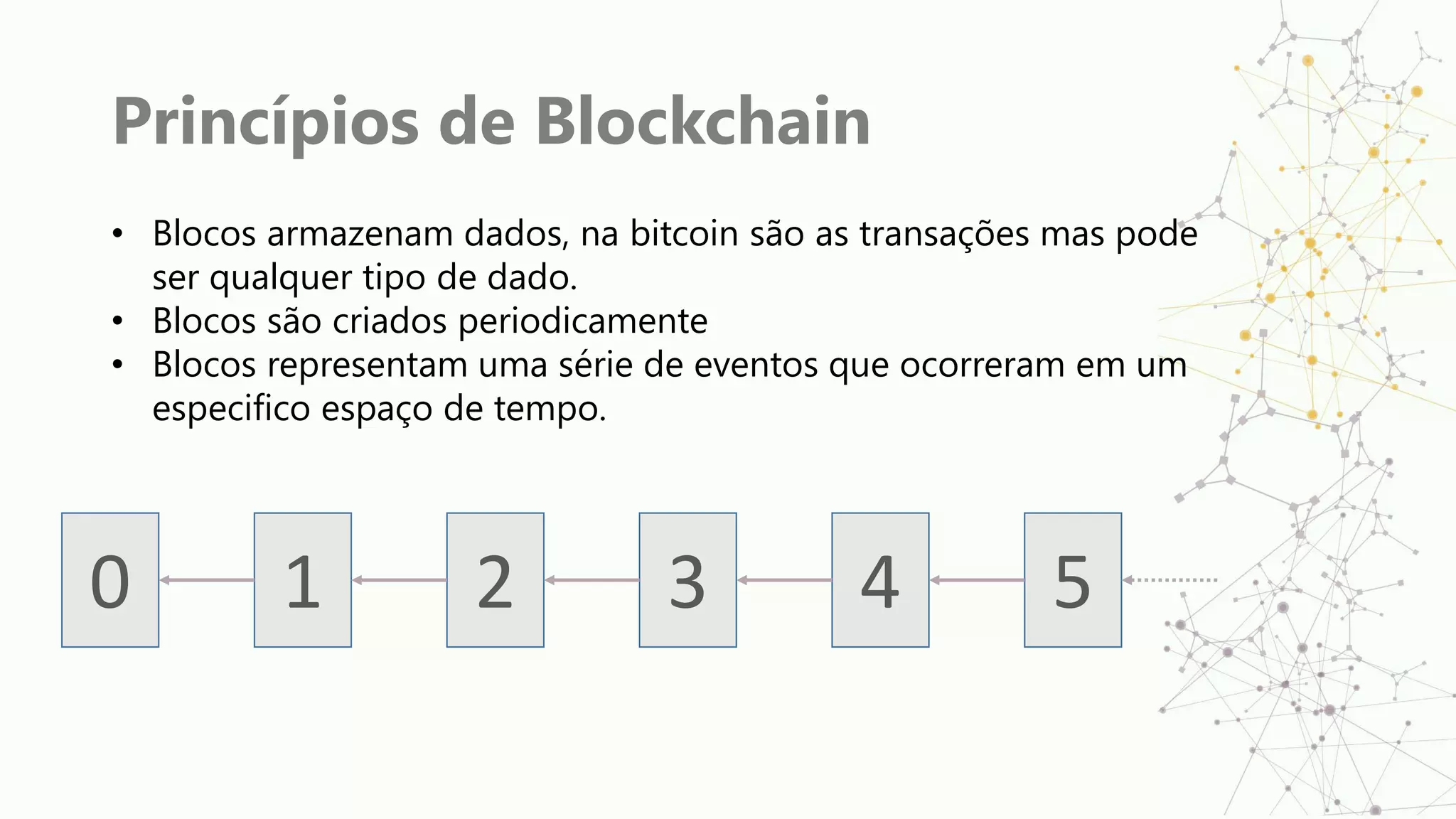 Princípios de Blockchain
• Blocos armazenam dados, na bitcoin são as transações mas pode
ser qualquer tipo de dado.
• Blocos são criados periodicamente
• Blocos representam uma série de eventos que ocorreram em um
especifico espaço de tempo.
0 1 2 3 4 5
 