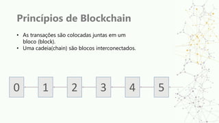 Princípios de Blockchain
• As transações são colocadas juntas em um
bloco (block).
• Uma cadeia(chain) são blocos interconectados.
0 1 2 3 4 5
 