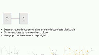 0 1
• Digamos que o bloco zero seja o primeiro bloco desta blockchain
• Os mineradores tentam resolver o bloco
• Um grupo resolve e coloca na posição 1
 