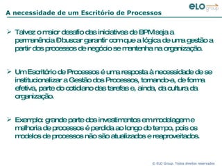 A necessidade de um Escritório de Processos Talvez o maior desafio das iniciativas de BPM seja a permanência – buscar garantir com que a lógica de uma gestão a partir dos processos de negócio se mantenha na organização. Um Escritório de Processos é uma resposta à necessidade de se institucionalizar a Gestão dos Processos, tornando-a, de forma efetiva, parte do cotidiano das tarefas e, ainda, da cultura da organização.  Exemplo: grande parte dos investimentos em modelagem e melhoria de processos é perdida ao longo do tempo, pois os modelos de processos não são atualizados e reaproveitados.  