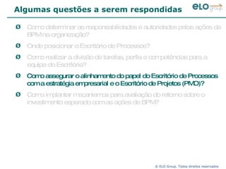 Algumas questões a serem respondidas Como determinar as responsabilidades e autoridades pelas ações de BPM na organização? Onde posicionar o Escritório de Processos?  Como realizar a divisão de tarefas, perfis e competências para a equipe do Escritório? Como assegurar o alinhamento do papel do Escritório de Processos com a estratégia empresarial e o Escritório de Projetos (PMO)? Como implantar mecanismos para avaliação do retorno sobre o investimento esperado com as ações de BPM? 