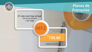 Planos de
Franquias
R$
01 site com loja virtual
(site do franqueado)
+ 01 site
750,00
(250 pontos)
Royalties R$ 60,00 mês
 