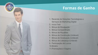 Formas de Ganho
1. Revenda de Soluções Tecnológicas
e Serviços de Marketing Digital
2. Início Fast
3. Bônus de Divulgação
4. Bônus Compartilhado
5. Bônus de Royalties
6. Bônus de Construção (Unilevel)
7. Bônus de Graduação (Unilevel)
8. Bônus de Liderança (Unilevel)
9. Participação de Lucros
10.Binário
11.Premiações e Viagens
 