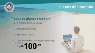 Planos de Franquia
Todos os planos recebem:
R$
100,00
a partir de
❏ 1 Website com Loja Virtual
❏ Treinamentos online
❏ Apostilas Digitais
❏ Consultoria com Coaching e mentoring
❏ Suporte
 