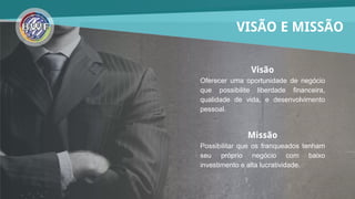 VISÃO E MISSÃO
Visão
Oferecer uma oportunidade de negócio
que possibilite liberdade financeira,
qualidade de vida, e desenvolvimento
pessoal.
Missão
Possibilitar que os franqueados tenham
seu próprio negócio com baixo
investimento e alta lucratividade.
 