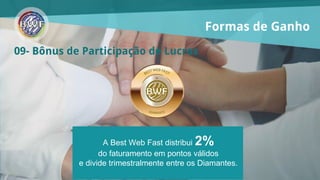 10- Bônus de Participação de Lucros
A Best Web Fast distribui 2%
do faturamento em pontos válidos
e divide trimestralmente...