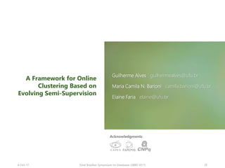 A Framework for Online
Clustering Based on
Evolving Semi-Supervision
Guilherme Alves guilhermealves@ufu.br
Maria Camila N....
