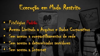 Execução em Modo Restrito
• Privilégios Padrão
• Acesso Limitado a Arquivos e Dados Corporativos
• Sem acesso a compartilhamentos de rede
• Sem acesso a determinados servidores
• Sem acesso a Internet
 