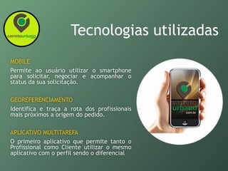 Tecnologias utilizadas
MOBILE
Permite ao usuário utilizar o smartphone
para solicitar, negociar e acompanhar o
status da sua solicitação.
GEOREFERENCIAMENTO
Identifica e traça a rota dos profissionais
mais próximos a origem do pedido.
APLICATIVO MULTITAREFA
O primeiro aplicativo que permite tanto o
Profissional como Cliente utilizar o mesmo
aplicativo com o perfil sendo o diferencial
 