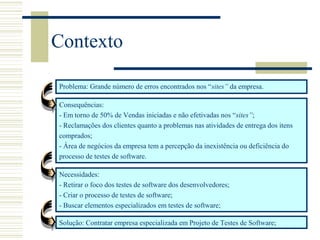 Contexto
Problema: Grande número de erros encontrados nos “sites” da empresa.
Consequências:
- Em torno de 50% de Vendas iniciadas e não efetivadas nos “sites”;
- Reclamações dos clientes quanto a problemas nas atividades de entrega dos itens
comprados;
- Área de negócios da empresa tem a percepção da inexistência ou deficiência do
processo de testes de software.
Necessidades:
- Retirar o foco dos testes de software dos desenvolvedores;
- Criar o processo de testes de software;
- Buscar elementos especializados em testes de software;
Solução: Contratar empresa especializada em Projeto de Testes de Software;
 