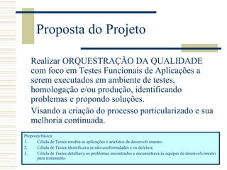 Proposta do Projeto
Realizar ORQUESTRAÇÃO DA QUALIDADE
com foco em Testes Funcionais de Aplicações a
serem executados em ambiente de testes,
homologação e/ou produção, identificando
problemas e propondo soluções.
Visando a criação do processo particularizado e sua
melhoria continuada.
Proposta básica:
1. Célula de Testes recebia as aplicações e artefatos de desenvolvimento;
2. Célula de Testes identificava as não-conformidades e os defeitos;
3. Célula de Testes detalhava os problemas encontrados e encaminhava às equipes de desenvolvimento
para tratamento.
 