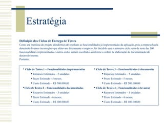 Estratégia
Definição dos Ciclos de Entrega de Testes
Como era premissa do projeto atendermos de imediato as funcionalidades já implementadas da aplicação, pois a empresa havia
detectado diversas incorreções que afetavam diretamente o negócio, foi decidido que o primeiro ciclo seria de teste das 500
funcionalidades implementadas e outros ciclos seriam escolhidos conforme a ordem de elaboração de documentação de
desenvolvimento.
Portanto,
 Ciclo de Testes 1 – Funcionalidades implementadas
 Recursos Estimados – 5 unidades
 Prazo Estimado - 5 meses;
 Custo Estimado – R$ 500.000,00
Ciclo de Testes 2 – Funcionalidades documentadas
 Recursos Estimados – 5 unidades
 Prazo Estimado - 6 meses;
 Custo Estimado – R$ 600.000,00
 Ciclo de Testes 3 – Funcionalidades à documentar
 Recursos Estimados – 5 unidades
 Prazo Estimado - 5 meses;
 Custo Estimado – R$ 500.000,00
 Ciclo de Testes 4 – Funcionalidades à levantar
 Recursos Estimados – 5 unidades
 Prazo Estimado - 4 meses;
 Custo Estimado – R$ 400.000,00
 
