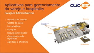 Aplicativos para gerenciamento
do varejo e hospitality
Soluções Administrativas
• Histórico de Vendas
• Gestão de Caixa
• Lucratividade
• Estoques
• Redução de Fraudes
• Cumprimento da
legislação
• Agilidade e Eficiência
Gerenciamento
e Controle
Caixa
Retaguarda
Cozinha
 