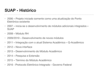 SUAP - Histórico
• 2006 – Projeto iniciado somente como uma atualização do Ponto
Eletrônico existente

• 2007 – inicia-se o desenvolvimento de módulos adicionais integrados –
SUAP

• 2008 – Módulo RH

• 2009/2010 – Desenvolvimento de novos módulos

• 2011 – Integração com o atual Sistema Acadêmico – Q-Acadêmico

• 2012 – Nova interface

• 2013 – Desenvolvimento do Módulo Acadêmico

• 2014 – Pesquisa e Extensão

• 2015 – Término do Módulo Acadêmico

• 2016 - Protocolo Eletrônico Integrado - Governo Federal
 