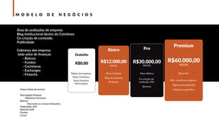 Outras linhas de receitas:
Área logada Premium
- Relatórios Exclusivos
Referral
- Para todos os serviços ﬁnanceiros
Publicidade 360º
Relatório B2B
Eventos
Cursos
+
M O D E L O D E N E G Ó C I O S
R$0,00
Gratuito
Página da empresa
Nota Cointimes
Nota Usuários
Informações
R$12.000,00
Básico
Plano Gratuito
Blog da Empresa
Produtos
R$30.000,00
Pro
Plano Básico
Co-criação de
conteúdo 360
Banners
R$60.000,00
ANUAL ANUAL ANUAL
Premium
Plano Pro
URL /cointimes.empresa
Página personalizada
Categoria especiﬁca
Área de avaliações de empresa
Blog Institucional dentro do Cointimes
Co-criação de conteúdo
Publicidade
Cobrança das empresa
toda setor de ﬁnanças:
- Bancos
- Fundos
- Corretoras
- Exchanges
- Fintechs
 
