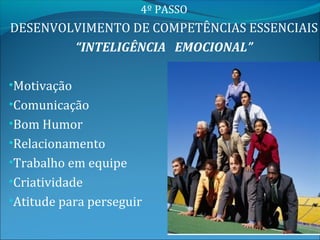 4º PASSO
DESENVOLVIMENTO DE COMPETÊNCIAS ESSENCIAIS
        “INTELIGÊNCIA EMOCIONAL”

•Motivação
•Comunicação
•Bom Humor
•Relacionamento
•Trabalho em equipe
•Criatividade
•Atitude para perseguir
 