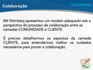Colaboração
Bill Weinberg apresentou um modelo adequado sob a
perspectiva do processo de colaboração entre as
camadas COMUNIDADE e CLIENTE.
É preciso detalharmos os aspectos da camada
CLIENTE, para entendermos melhor os cuidados
necessários para prover a colaboração.
 