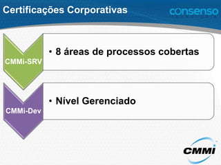 Certificações Corporativas
CMMi-SRV
• 8 áreas de processos cobertas
CMMi-Dev
• Nível Gerenciado
 