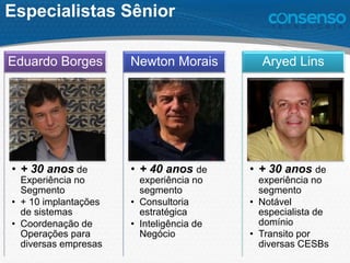 Especialistas Sênior
• + 30 anos de
Experiência no
Segmento
• + 10 implantações
de sistemas
• Coordenação de
Operações para
diversas empresas
Eduardo Borges
• + 40 anos de
experiência no
segmento
• Consultoria
estratégica
• Inteligência de
Negócio
Newton Morais
• + 30 anos de
experiência no
segmento
• Notável
especialista de
domínio
• Transito por
diversas CESBs
Aryed Lins
 