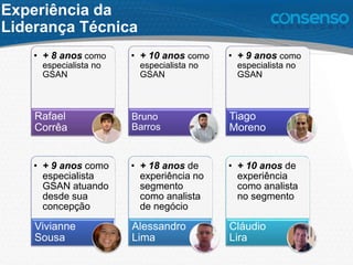 Experiência da
Liderança Técnica
• + 8 anos como
especialista no
GSAN
Rafael
Corrêa
• + 10 anos como
especialista no
GSAN
Bruno
Barros
• + 9 anos como
especialista no
GSAN
Tiago
Moreno
• + 9 anos como
especialista
GSAN atuando
desde sua
concepção
Vivianne
Sousa
• + 18 anos de
experiência no
segmento
como analista
de negócio
Alessandro
Lima
• + 10 anos de
experiência
como analista
no segmento
Cláudio
Lira
 
