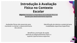 Jens
Martensson
3
Introdução à Avaliação
Física no Contexto
Escolar
Objetivo: Introduzir a importância da avaliação física em
escolas para desenvolvimento esportivo
Avaliações físicas são essenciais para
monitorar e orientar o desenvolvimento
dos alunos.
Identificação de talentos e potencial para
modalidades esportivas específicas.
Benefícios: promoção de saúde,
estímulo ao desenvolvimento físico, e
suporte à performance esportiva.
 