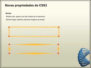 Novas propriedades do CSS3 Bordas   Border-color: ajusta a cor dos 4 lados de um elemento 