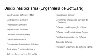 Disciplinas por área (Engenharia de Software)
Construção de Software (128h)
Modelagem de Software
Processos de Software
Engenharia de Sistemas
Design de Software (128h)
Domínios de Software
Processos de Qualidade de Software
Gerência de Projeto de Software
Software Concorrente e Distribuído
Requisitos de Software
Governança e Gestão de Serviços de
Software
Software para Computação Ubíqua
Software para Persistência de Dados
Padrões de Arquitetura de Software
Testes de Software
Prática em Engenharia de Software (320h)
 