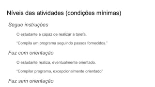 Níveis das atividades (condições mínimas)
Segue instruções
O estudante é capaz de realizar a tarefa.
“Compila um programa seguindo passos fornecidos.”
Faz com orientação
O estudante realiza, eventualmente orientado.
“Compilar programa, excepcionalmente orientado”
Faz sem orientação
 