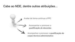 Cabe ao NDE, dentre outras atribuições...
Avaliar de forma contínua o PPC
Acompanhar e promover a
qualificação de docentes
Acompanhar e promover a qualificação do
corpo técnico-administrativo
 