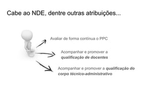 Cabe ao NDE, dentre outras atribuições...
Avaliar de forma contínua o PPC
Acompanhar e promover a
qualificação de docentes
Acompanhar e promover a qualificação do
corpo técnico-administrativo
 