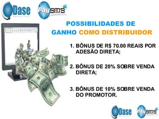 POSSIBILIDADES DE  GANHO   COMO DISTRIBUIDOR BÔNUS DE R$ 70.00 REAIS POR ADESÃO DIRETA; 2. BÔNUS DE 20% SOBRE VENDA DIRETA; 3. BÔNUS DE 10% SOBRE VENDA DO PROMOTOR. 