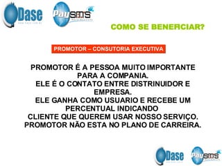 COMO SE BENEFICIAR? PROMOTOR – CONSUTORIA EXECUTIVA PROMOTOR É A PESSOA MUITO IMPORTANTE PARA A COMPANIA. ELE É O CONTATO ENTRE DISTRINUIDOR E EMPRESA. ELE GANHA COMO USUARIO E RECEBE UM PERCENTUAL INDICANDO  CLIENTE QUE QUEREM USAR NOSSO SERVIÇO. PROMOTOR NÃO ESTA NO PLANO DE CARREIRA. 