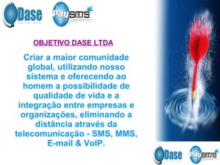 OBJETIVO DASE LTDA Criar a maior comunidade global, utilizando nosso sistema e oferecendo ao homem a possibilidade de qualidade de vida e a integração entre empresas e organizações, eliminando a distância através da telecomunicação - SMS, MMS, E-mail & VoIP. 